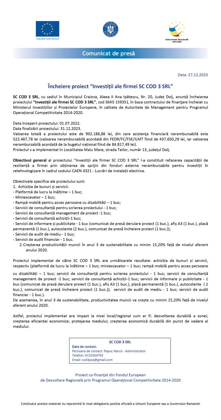 Comunicat de presă încheiere proiect – COD 3 SRL