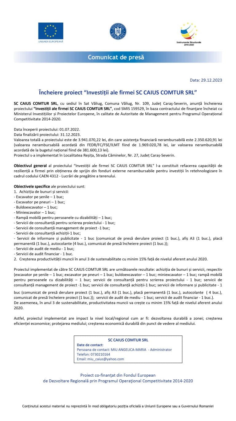 Comunicat de presă SC CAIUS COMTUR SRL