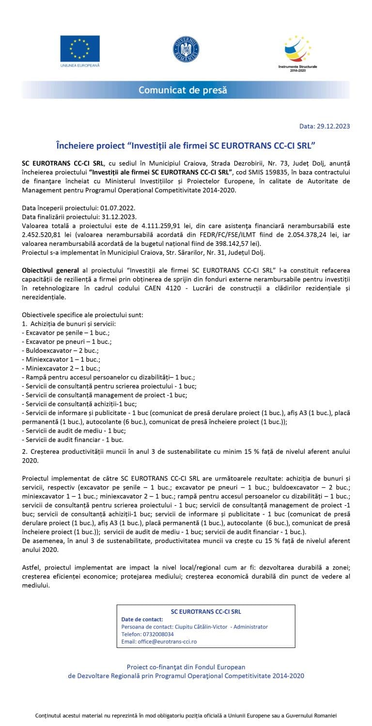 Comunicat de presă SC EUROTRANS CC-CI SRL