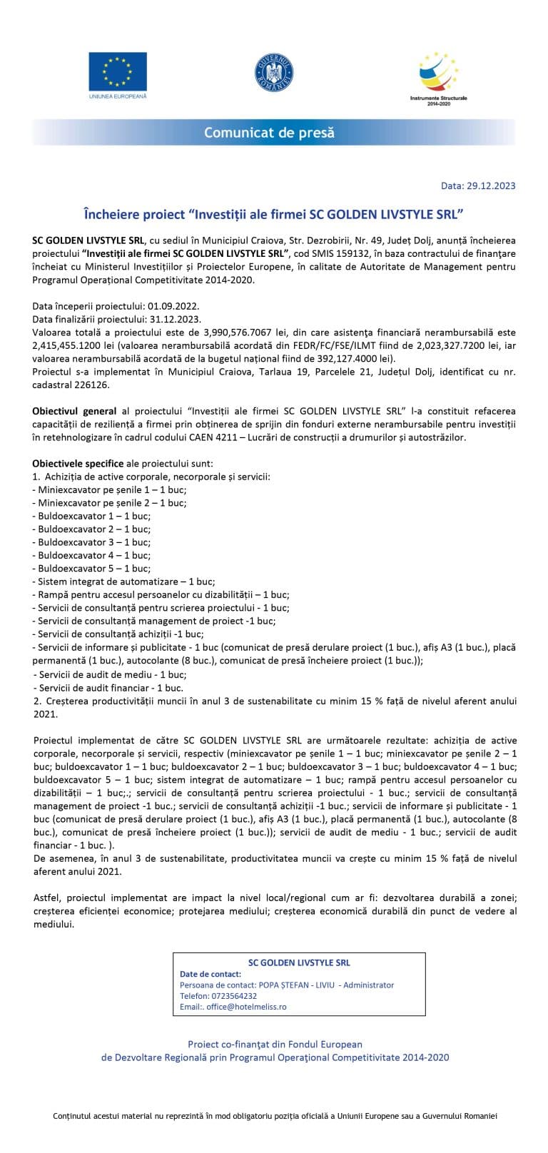 Comunicat de presă SC GOLDEN LIVSTYLE SRL