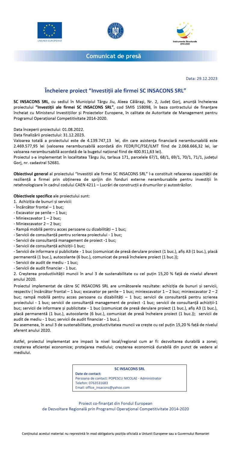 Comunicat de presă SC INSACONS SRL
