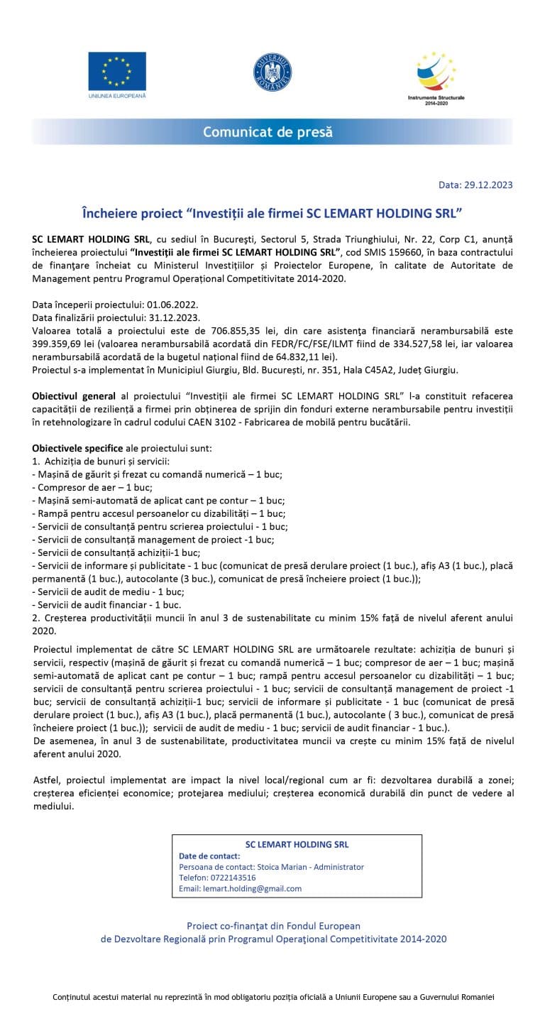 Comunicat de presă SC LEMART HOLDING SRL
