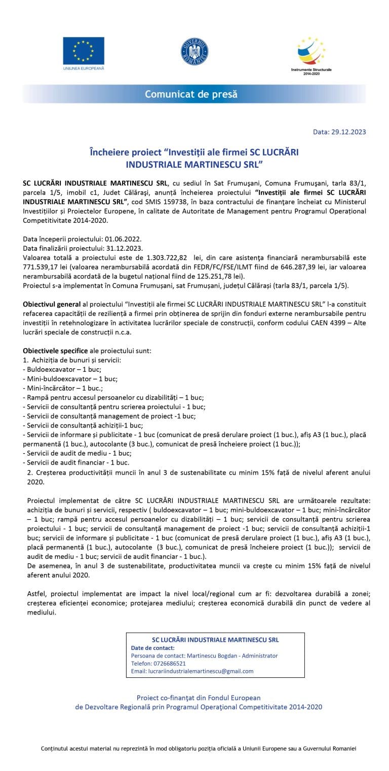 Comunicat de presă SC LUCRĂRI INDUSTRIALE MARTINESCU SRL