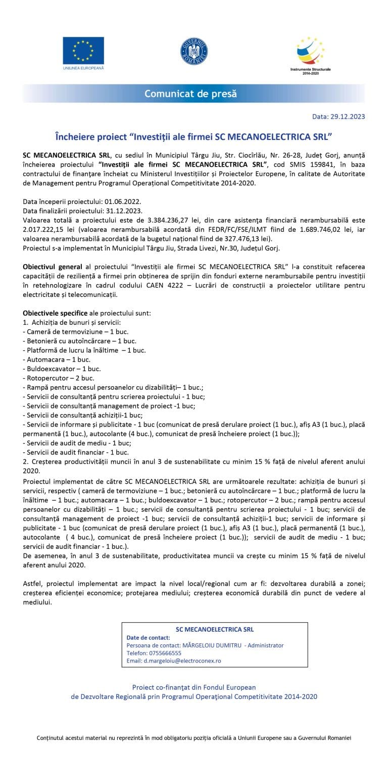 Comunicat de presă SC MECANOELECTRICA SRL
