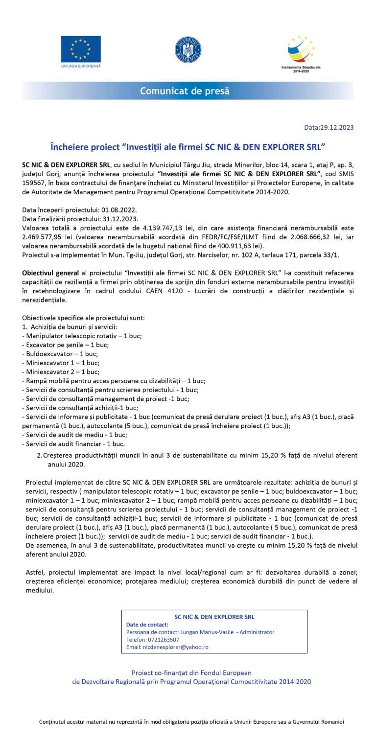 Comunicat de presă SC NIC & DEN EXPLORER SRL
