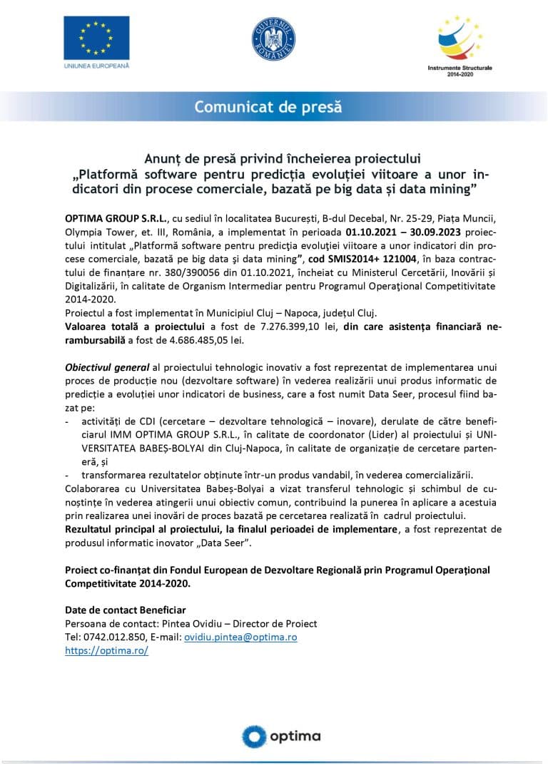 Comunicat de presă – încheiere proiect OPTIMA GROUP S.R.L.