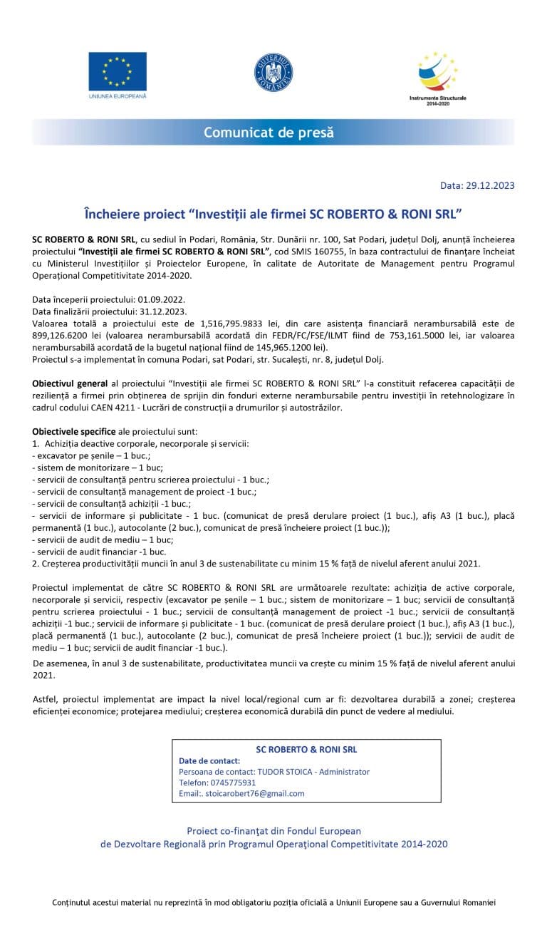 Comunicat de presă SC ROBERTO & RONI SRL