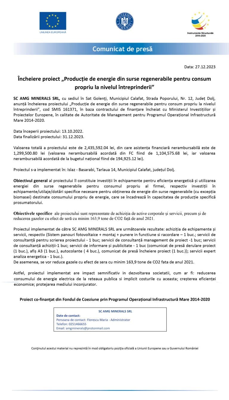 Comunicat de presă încheiere proiect – SC AMG MINERALS SRL
