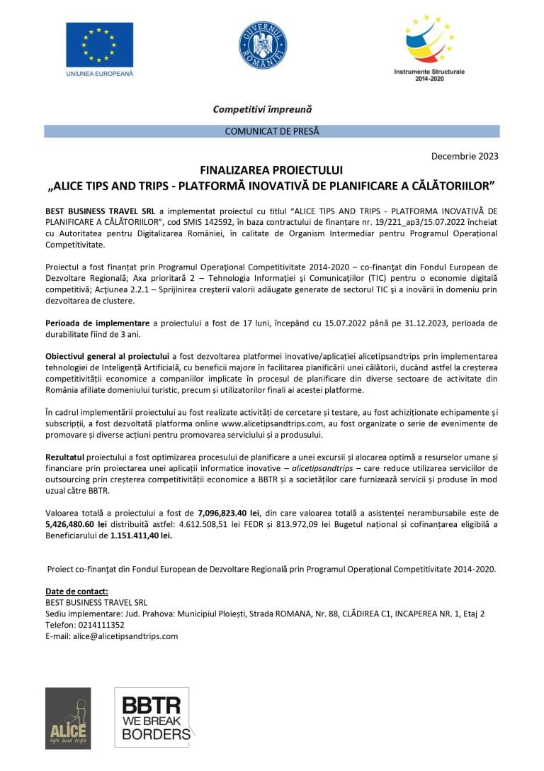 Comunicat de presă încheiere proiect SC BEST BUSINESS TRAVEL SRL