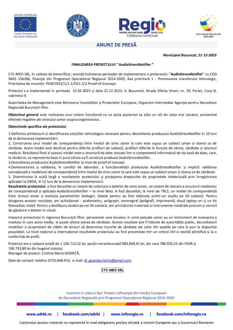 Comunicat de presă încheiere proiect SC CTC-MED SRL