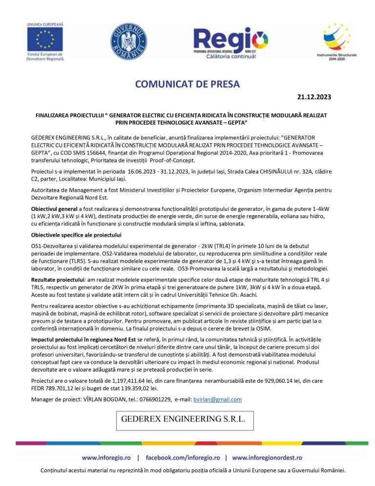 Comunicat de presă încheiere proiect SC GEDEREX ENGINEERING S.R.L.