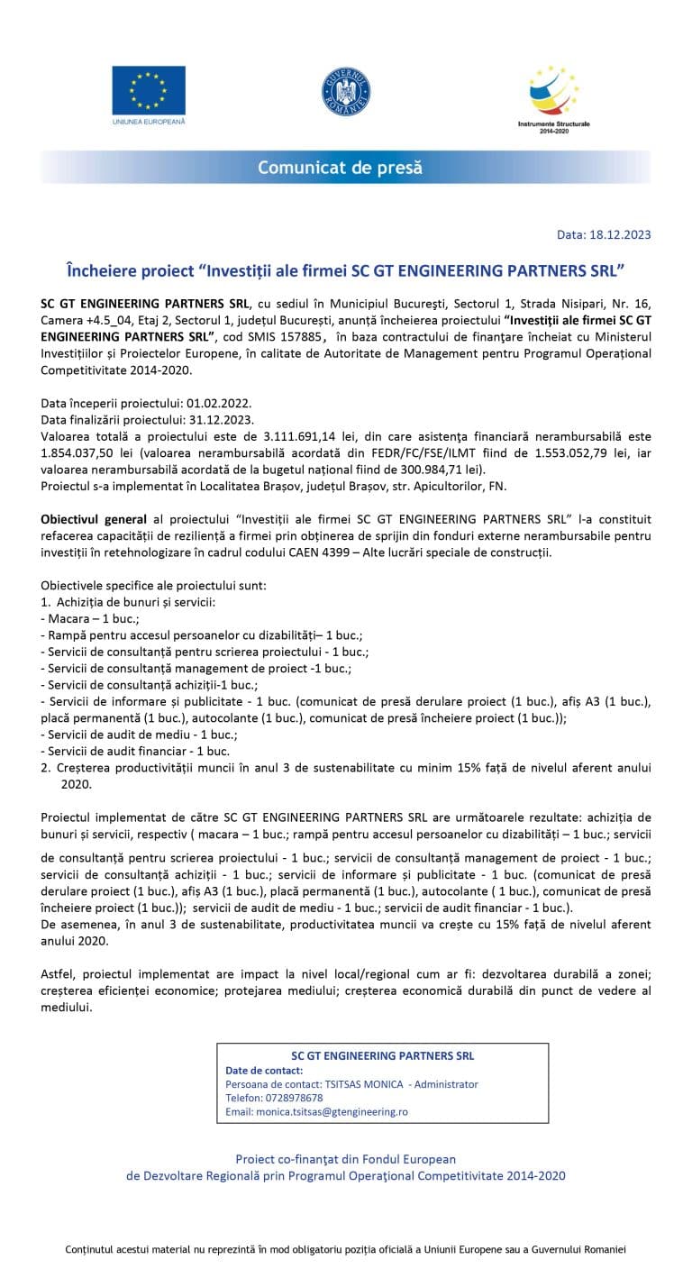 Comunicat de presă încheiere proiect SC GT ENGINEERING PARTNERS SRL