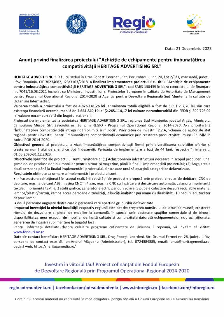 Comunicat de presă încheiere proiect SC HERITAGE ADVERTISING SRL
