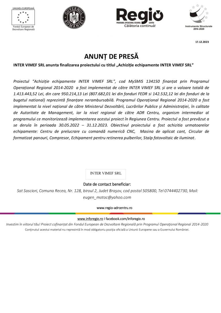 Comunicat de presă finalizare proiect SC INTER VIMEF SRL