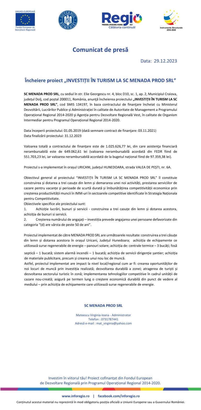 Comunicat de presă încheiere proiect SC Menada Prod SRL