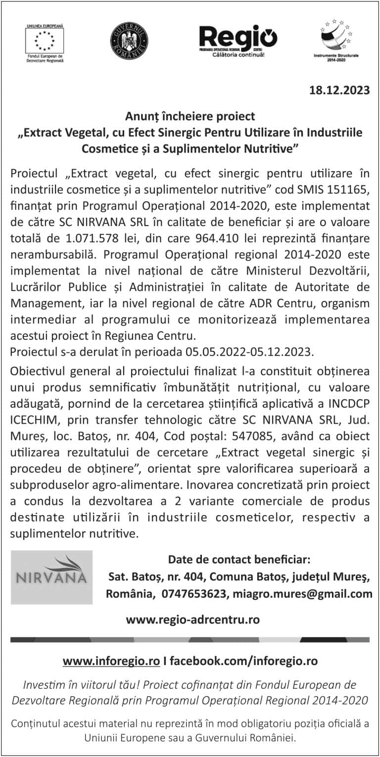 Comunicat de presă încheiere proiect  SC Nirvana SRL