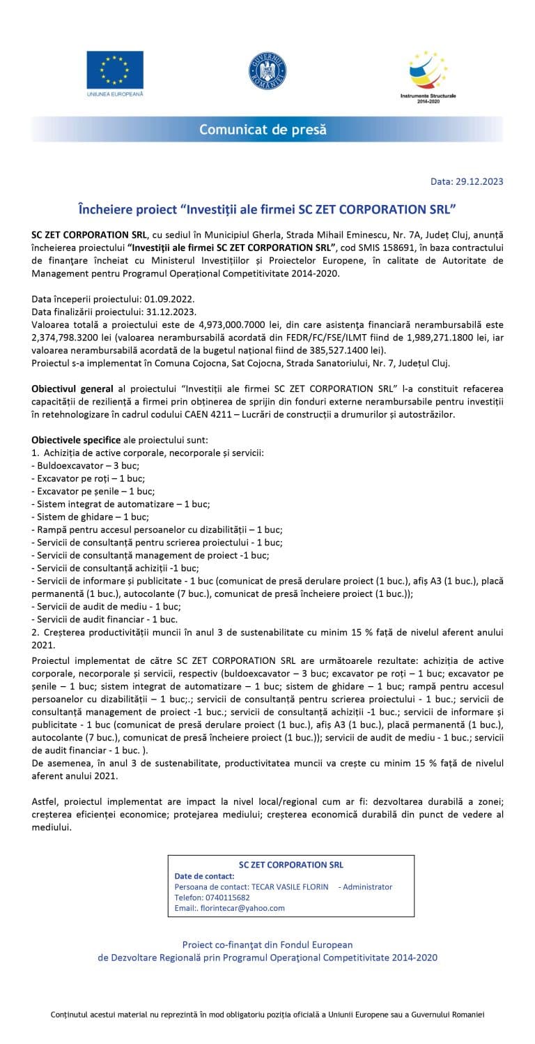Comunicat de presă SC ZET CORPORATION SRL