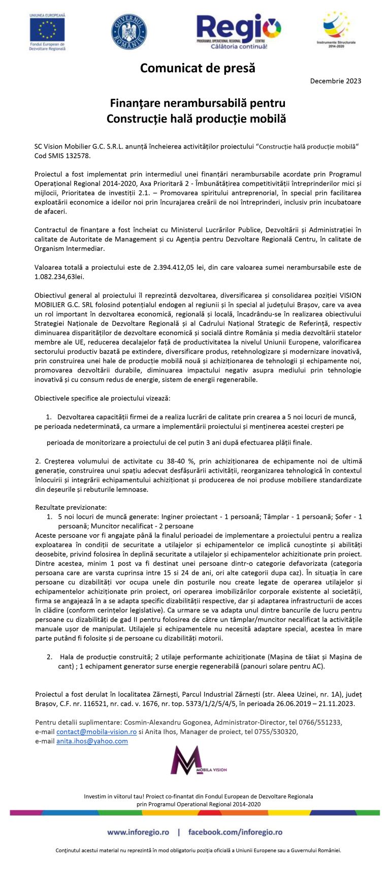 Comunicat de presă închidere proiect SC Vision Mobilier G.C. S.R.L.