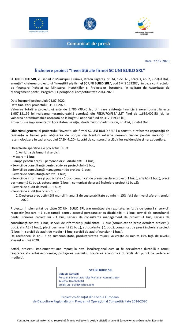 Comunicat de presă încheiere proiect SC UNI BUILD SRL