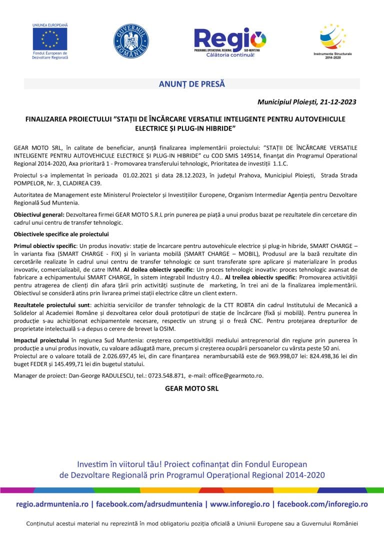 Comunicat de presă închidere proiect SC GEAR MOTO SRL
