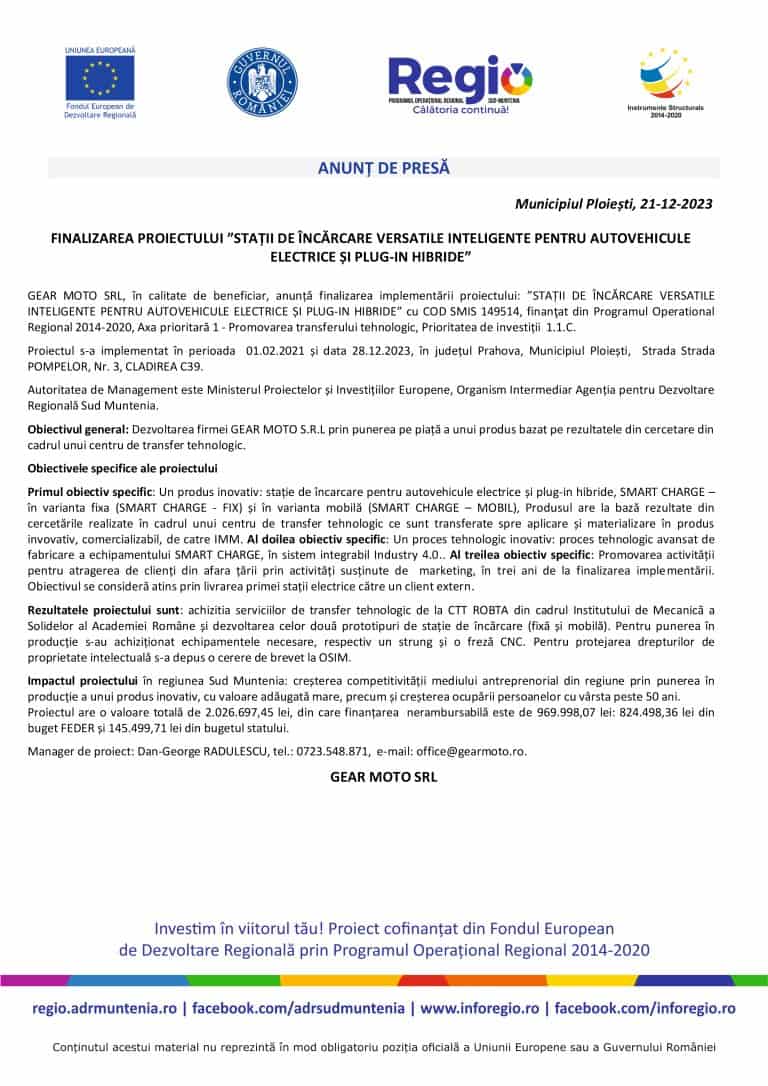 Comunicat de presă închidere proiect SC GEAR MOTO SRL