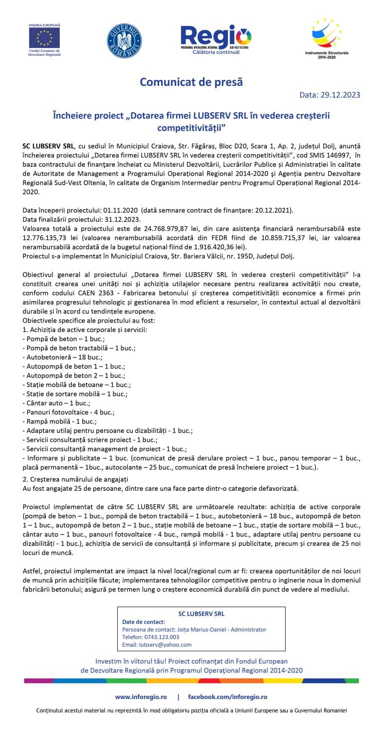 Comunicat de presă închidere proiect SC LUBSERV SRL