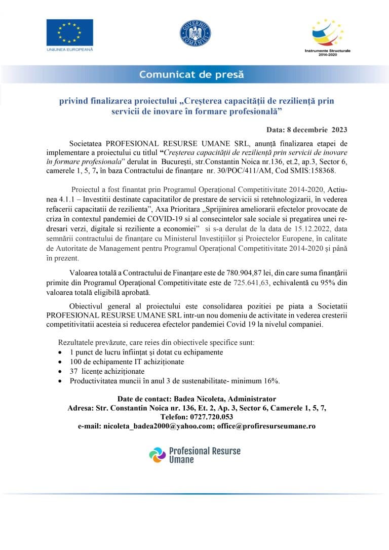 Comunicat de presă închidere proiect SC PROFESIONAL RESURSE UMANE SRL