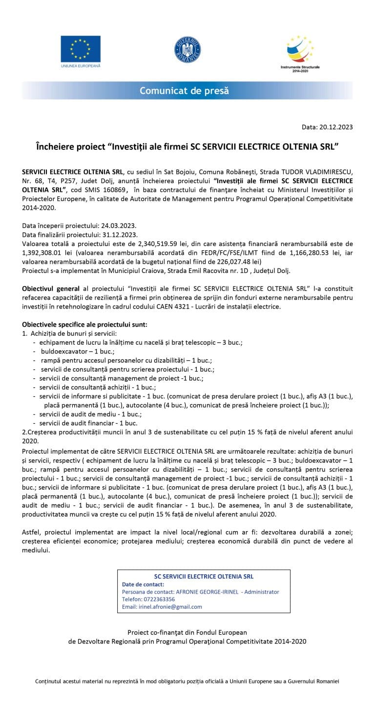 Comunicat de presă închidere proiect SERVICII ELECTRICE OLTENIA SRL