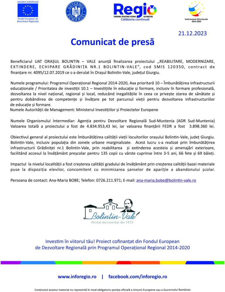 Comunicat de presă închidere proiect UAT Bolintin-Vale