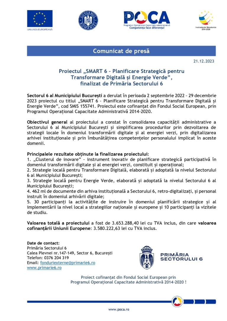 Comunicat de presă Sectorul 6 al Municipiului București
