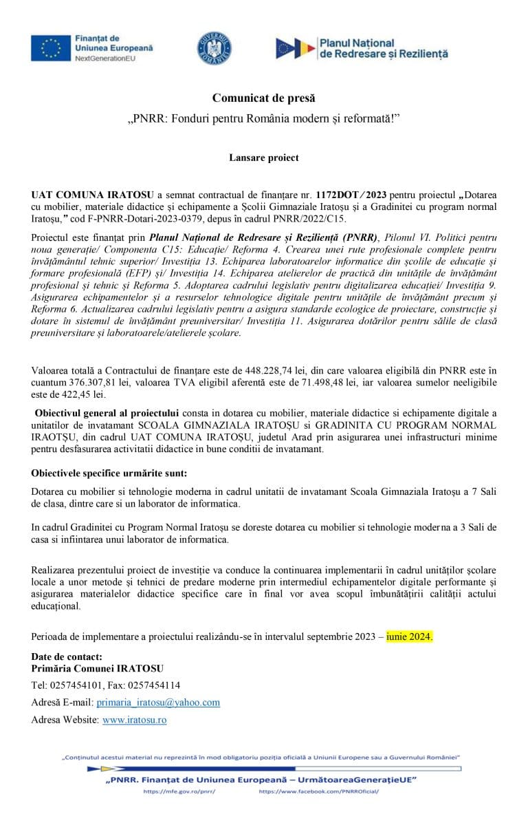 Comunicat de presă  lansare proiect UAT COMUNA IRATOSU