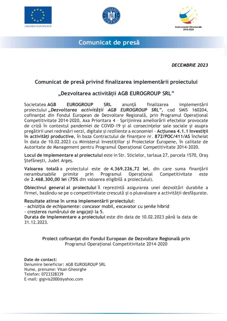 Comunicat de presă AGB EUROGROUP SRL