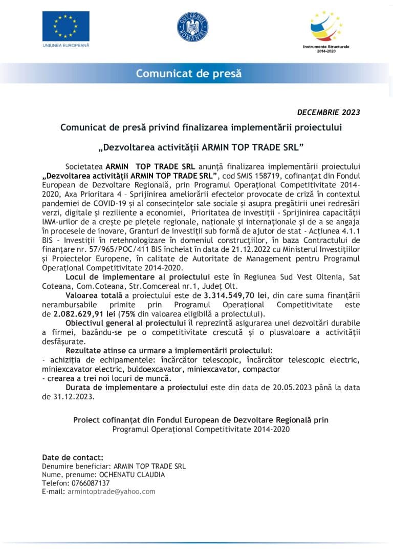 Comunicat de presă ARMIN TOP TRADE SRL