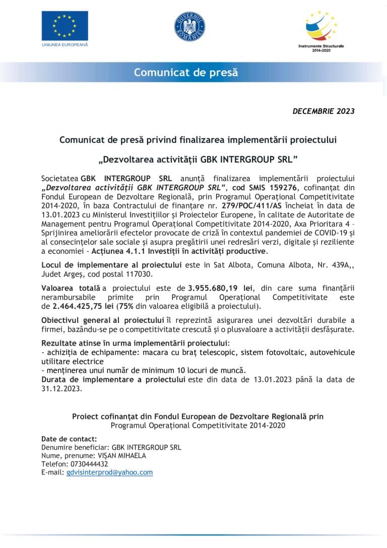 Comunicat de presă GBK INTERGROUP SRL