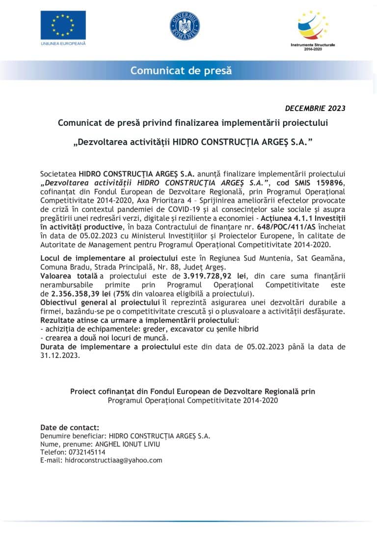 Comunicat de presa HIDROCONSTRUCȚIA ARGEȘ SA