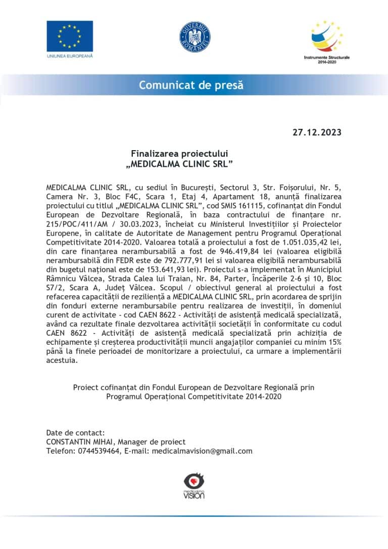 Comunicat de presa MEDICALMA CLINIC SRL