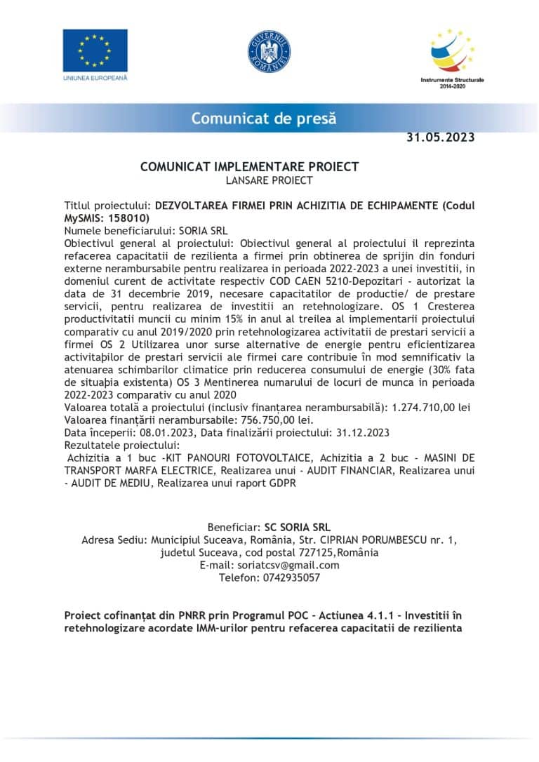Comunicat de presă SORIA SRL