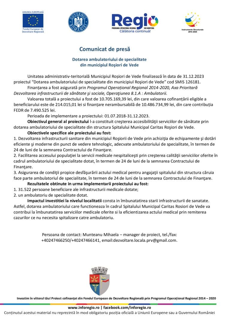 Comunicat de presă Unitatea Administrativ Teritorială Roșiori de Vede