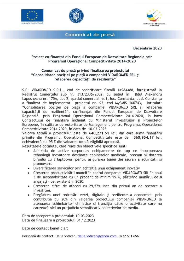 Comunicat de presă S.C. VIDAROMED S.R.L.