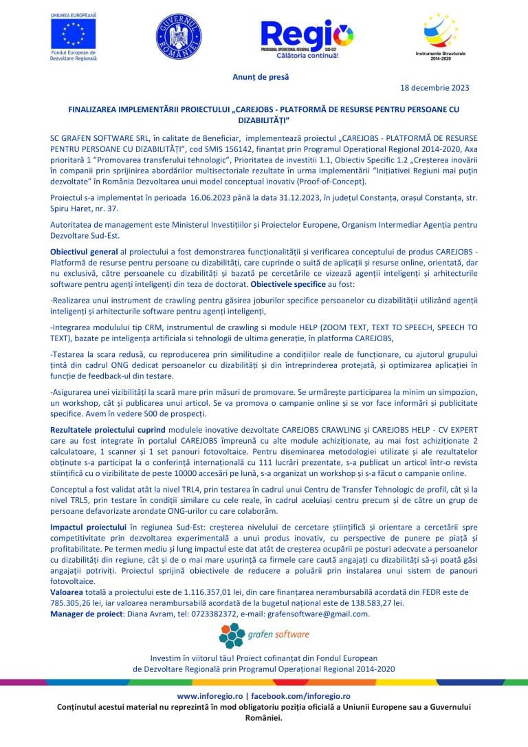 Comunicat de presă SC GRAFEN SOFTWARE SRL