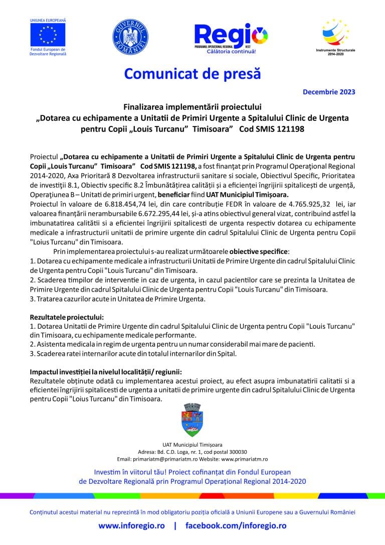 Comunicat de presă Spitalul Clinic de Urgență pentru Copii Louis Turcanu – Timișoara