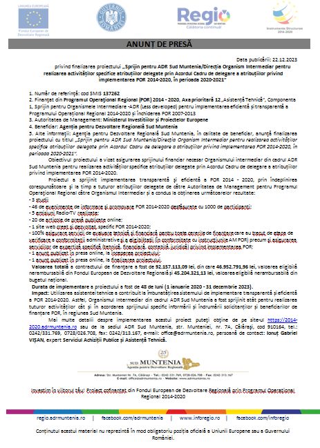 Comunicat de presă ADR Sud Muntenia
