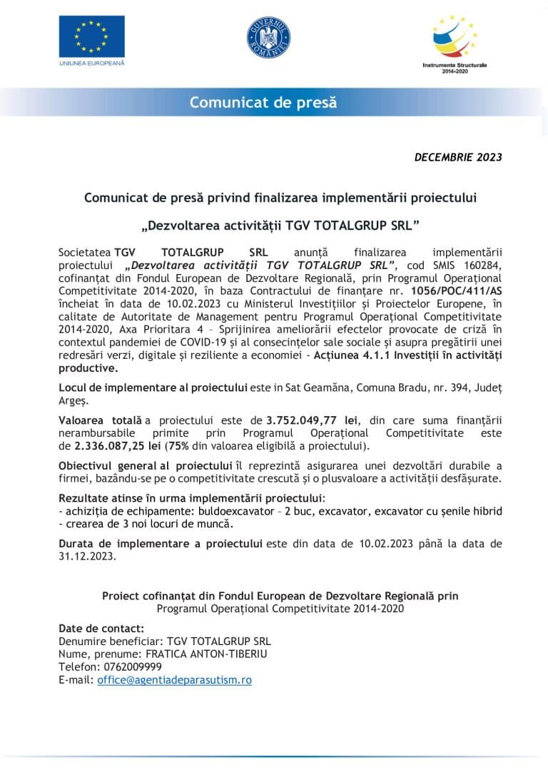 Comunicat de presă TGV TOTALGRUP SRL