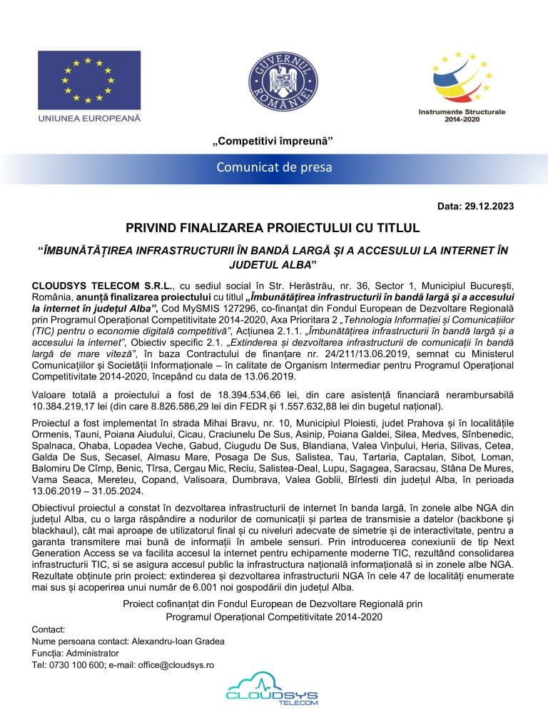 Anunț finalizare proiect “Îmbunătățirea infrastructurii în bandă largă și a accesului la internet în județul Alba”