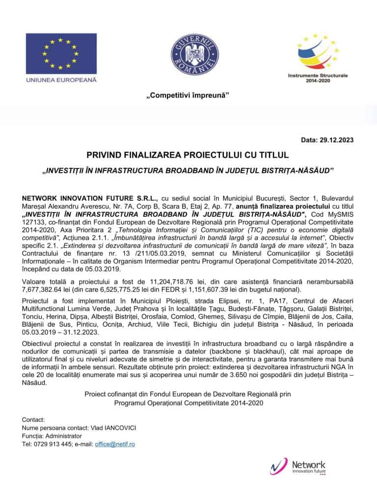 Anunț finalizare proiect „Investiții în infrastructura broadband în județul Bistrița-Năsăud”