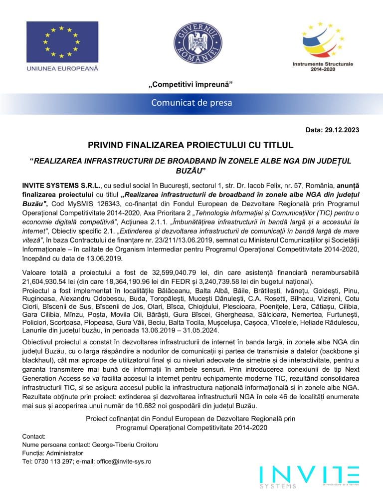 Anunț finalizare proiect “Realizarea infrastructurii de broadband în zonele albe NGA din județul Buzău”