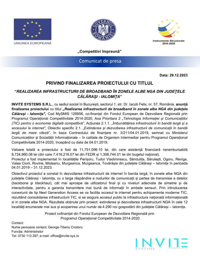 Anunț finalizare proiect “Realizarea infrastructurii de broadband în zonele albe NGA din județele Călărași – Ialomița”