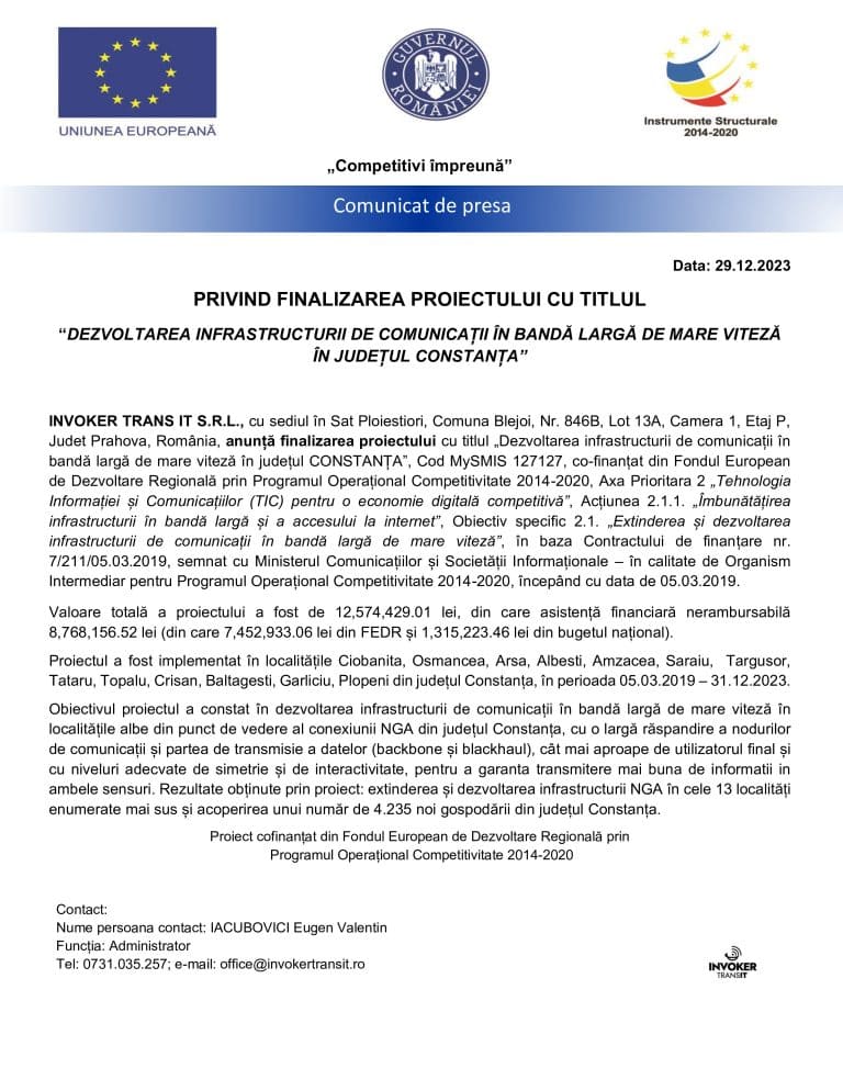 Anunț finalizare proiect “Dezvoltarea infrastructurii de comunicații în bandă largă de mare viteză în județul Constanța”