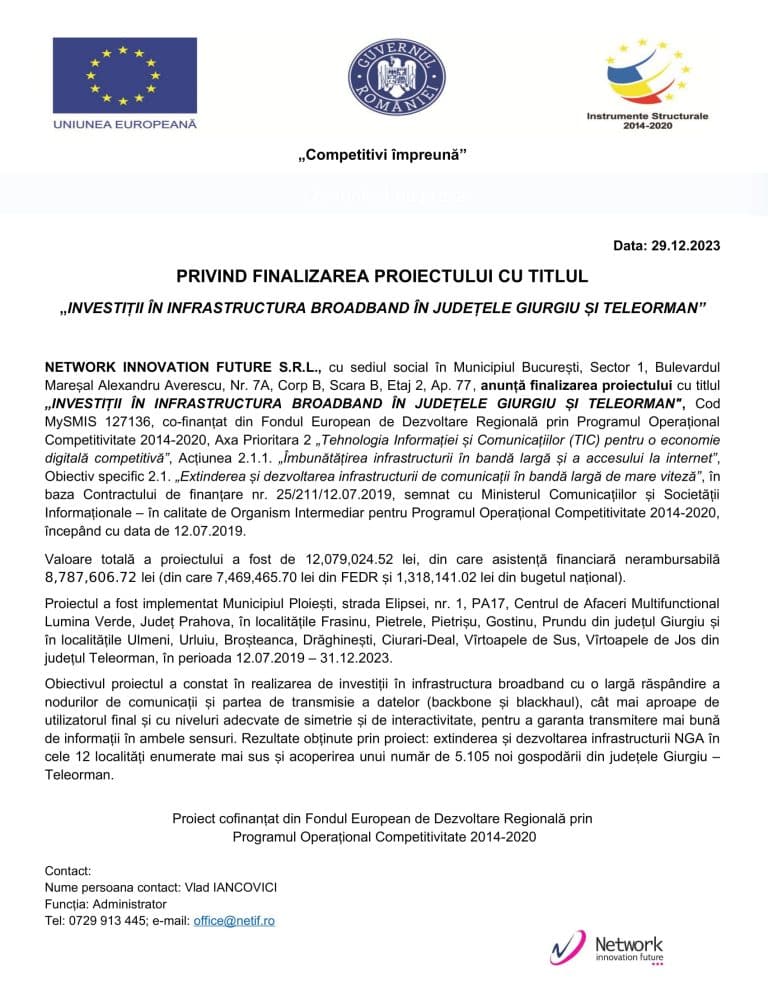 Anunț finalizare proiect „Investiții în infrastructura broadband în județele Giurgiu și Teleorman”