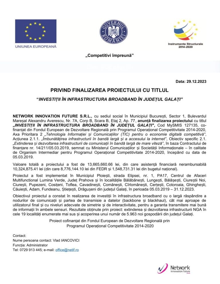 Anunț finalizare proiect „Investiții în infrastructura broadband în județul Galați”